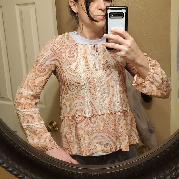 BCBGMaxAzria 100% Silk Cerise Pink Clay Combo Sheer Blouse Size XXS - Picture 13 of 13